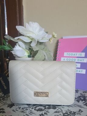 bebe Quilted Chevron Crossbody in Cream with Gold Accent